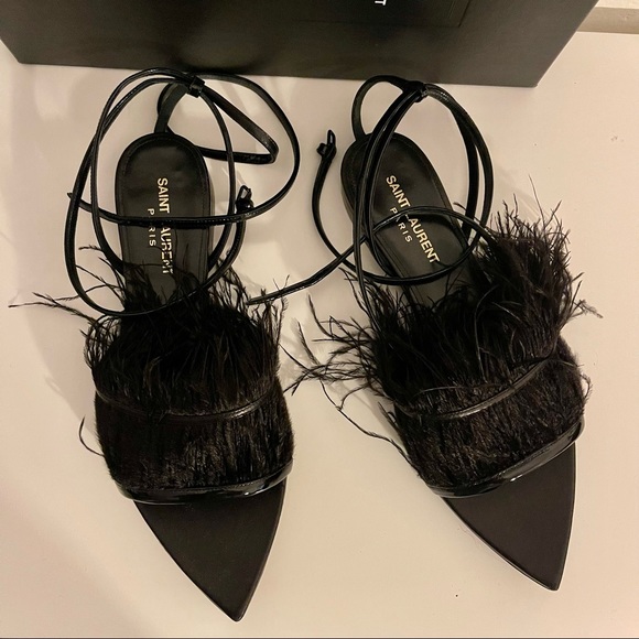 Saint Laurent Era Ostrich Feather Ankle Wrap Sandals - Picture 7 of 8